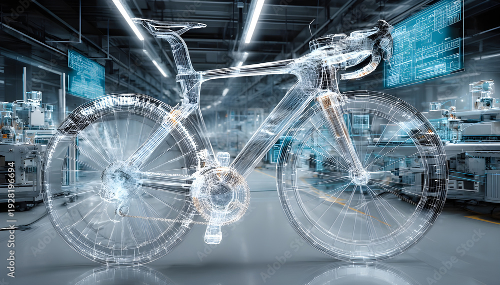Fototapeta premium Building a wireframe bicycle with complex algorithms and advanced technology, illustrating innovative manufacturing processes in a futuristic factory setting