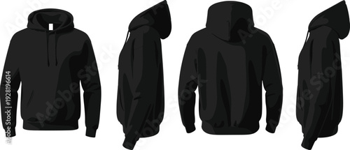 Black hoodie sweatshirt vector set with front back and side views casual streetwear apparel illustration