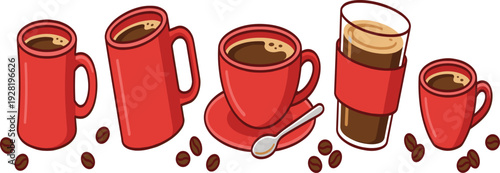 Red coffee cup and glass mug set with espresso and hot drink variations cafe beverage collection for breakfast menu and branding design.