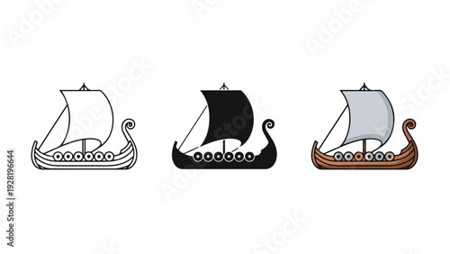 Viking ship icons set flat design vector illustration - Flat Design Icon. line icon set - Icon vector - Blue icon vector. Clipart. Icon collection - Line and glyph solid icon and logo template