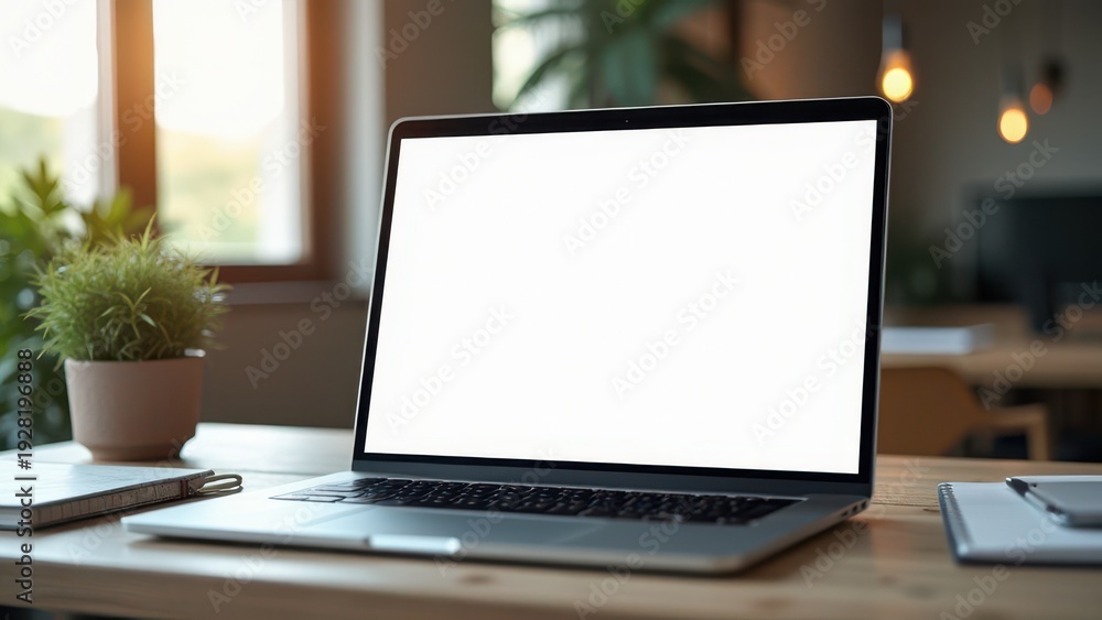 Fototapeta premium laptop with blank screen on table indoor workspace scene concept of technology business, digital marketing, freelance work