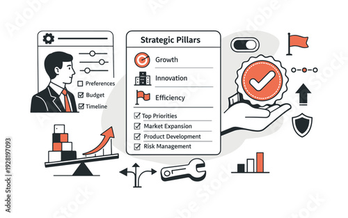 Modern minimal flat vector conceptual collage, crisp hard edges, consistent THIN outline stroke, rounded corners where needed,