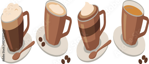 Latte coffee glass mug set with foam whipped cream and hot drink variations cafe beverage collection for menu design and breakfast branding.