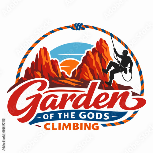 Dynamic Garden of the Gods Climbing logo featuring rock climber on red cliffs with bright sky, celebrating excitement, courage, and the natural wonder of Colorado’s iconic sandstone peaks