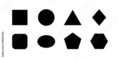 Set of 8 simple shapes including triangle, square and ellipse, polygon and pentagon. Geometric black circle or round shape vector black collection