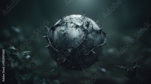 An ominous sphere encased in dark, thorny vines, representing nature's formidable and suffocating grip.