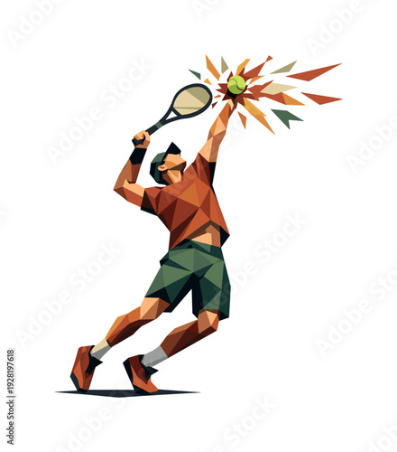 Low-poly vector illustration of a tennis player unleashing a serve explosion at full extension, full-body athlete with sharply