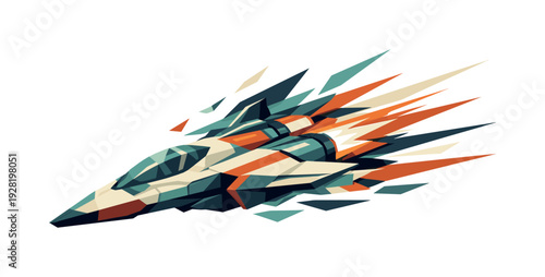 Low-poly vector illustration of a spaceship accelerating into hyperspace, dynamic forward-thrust composition with the hull
