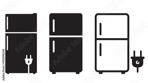 Energy-Efficient Refrigerator Plug And Appliance Icons With Low-Power Emphasis, Black Solid Vector For Kitchen Energy Labeling And Household Efficiency Graphics