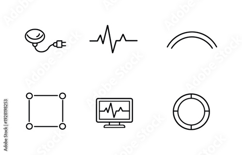 Line style icons of monitoring devices: EEG electrode node, heart-rate line, breath rhythm arc, sensor array frame, signal