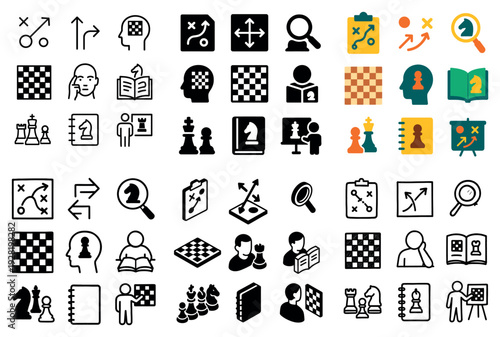 Chess strategy icons displaying tactics and planning grid