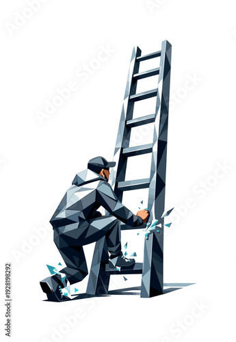Low-poly vector illustration of a ladder climb ascent in the setup phase, faceted ladder standing tall with a climber at the base