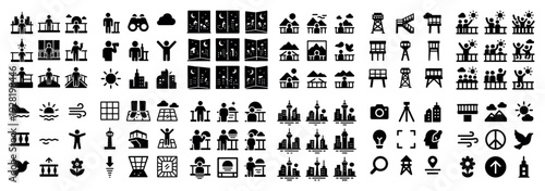 Various civic and household icons arranged densely on white background