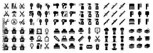 Barber and hairdressing icons illustrating tools and styling on white background