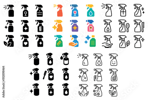 Cleaning spray bottle icons depicting products and usage on white background