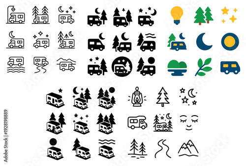 Camper van illustrations showing camping and travel outdoors