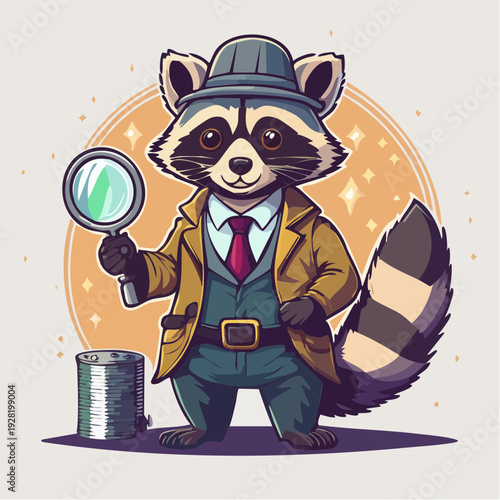 Raccoon detective character cartoon illustration.