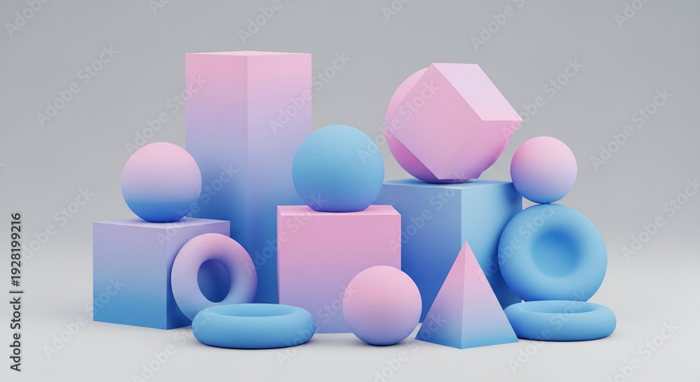 Obraz premium Geometric Forms and Pastel Tones: A captivating composition of abstract geometric shapes in soft pink and blue hues. This scene combines the purity of form with a soothing palette.