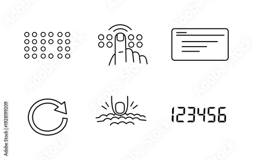 Line style vector icons of refreshable Braille display: Braille-dot grid icon, fingertip-touch motif, screen-text outline, update