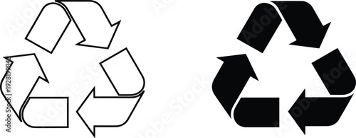 Black and white recycling symbol icons set isolated on white background for environmental conservation, waste management, sustainability, and ecology projects.