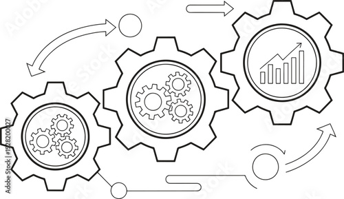 Interlocking gears illustrate business processes, teamwork, and growth with a chart.