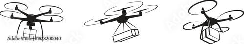 Three distinct drone icons illustrate efficient package delivery and modern logistics.