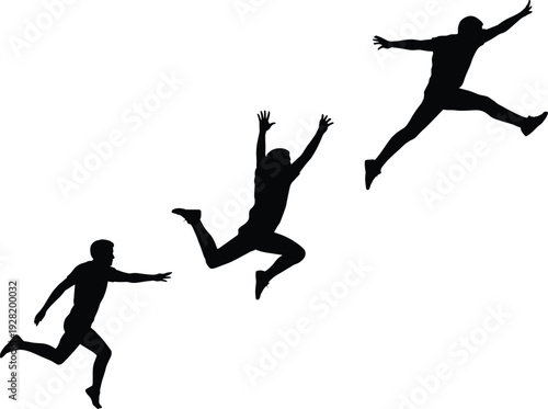Athletes jumping in motion silhouette, teamwork success concept, freedom energy strength expression, dynamic people leap action, black vector illustration