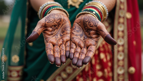 Elegant Mehndi Art on Hands Displayed in Traditional Attire