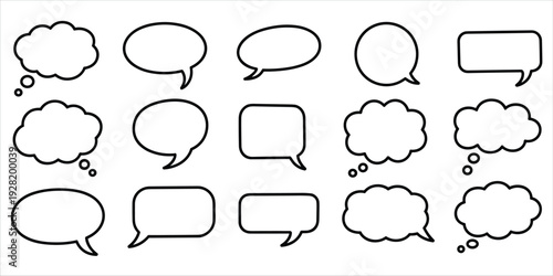 Fifteen Different Speech and Thought Bubbles in Black Outline on White Keywords: speech bubble, thought bubble, comic
