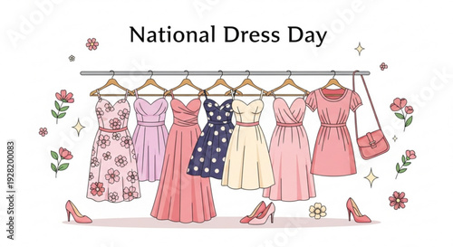 Vibrant dresses and accessories celebrate national dress day in a festive and colorful illustration with flowers and high heels