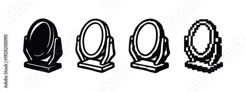 Desk Mirror Vector Icon Set with Silhouette, Outline, Textured, and Pixel Art Styles
