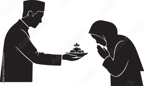 Black silhouette of a muslim man giving food to a woman