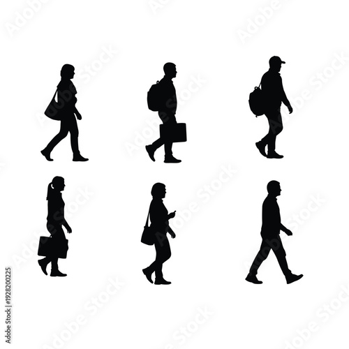 Silhouettes of people walking in various directions with luggage
