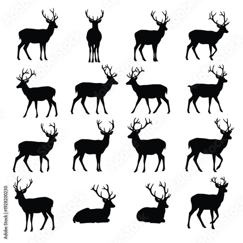 Collection of black deer silhouettes on with various poses and antlers