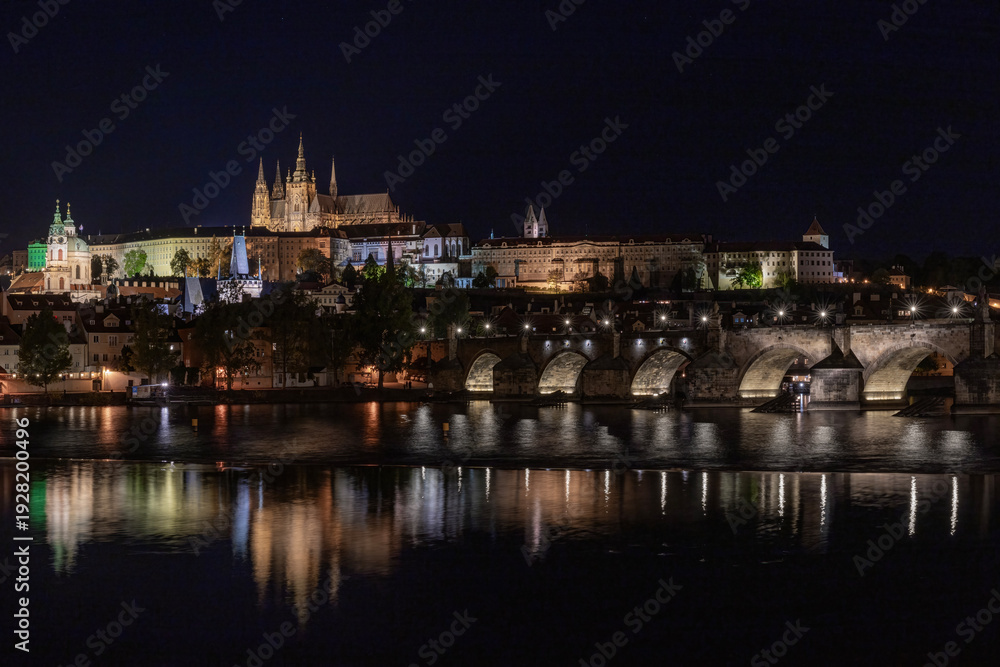 Fototapeta premium Prague Castle and Charles Bridge Illuminated at Night