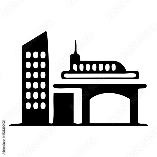 Cityscape Icon with Skyscraper and Elevated Train