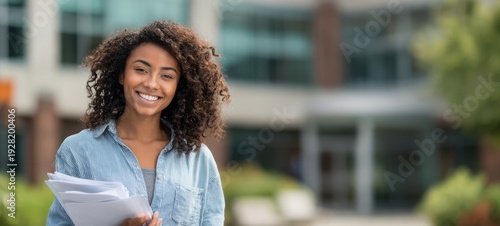 The student smiling on a university campus holding papers and books, casual and confident