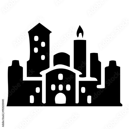 City Skyline Icon with Candle Flame Silhouette