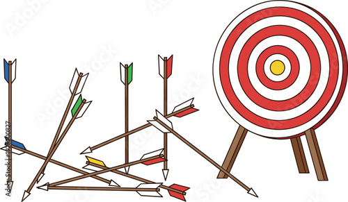 Archery target and arrows vector illustration with bullseye board and scattered shooting arrows collection