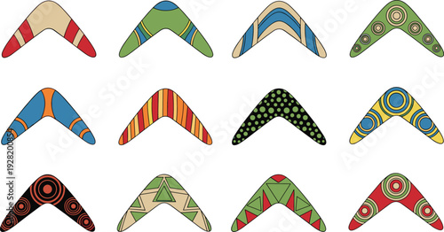 Colorful boomerang collection vector set with decorative ethnic patterns isolated flying toy illustration
