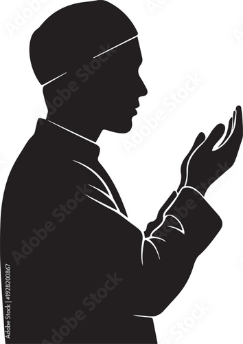 Silhouette man praying with hands clasped, wearing traditional Islamic cap