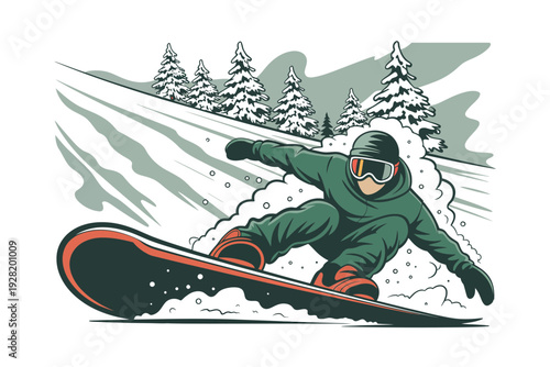 Snowboarder in green snowsuit speeding down snowy mountain with trees