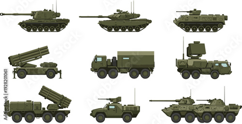 Set of modern military land vehicle vector illustrations featuring battle tanks armored personnel carriers rocket launchers and radar trucks for defense industry