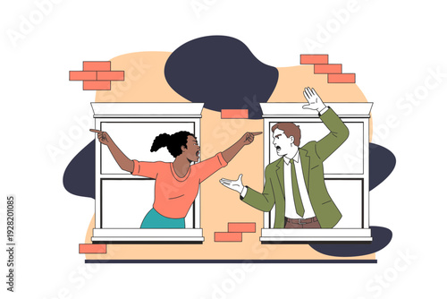 A woman and man communicating through adjacent windows in an illustration