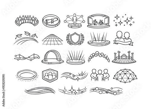 Line style icons of metaverse ceremonial gathering: avatar crowd arc, virtual diploma ring, hologram node tile, immersive stage