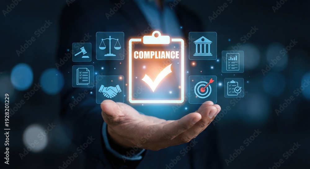 Fototapeta premium Man holding a glowing clipboard with a checkmark and the word 'COMPLIANCE', surrounded by icons representing legal and business standards.