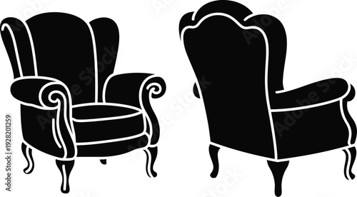 A black silhouette of two elegant armchairs on a gray background
