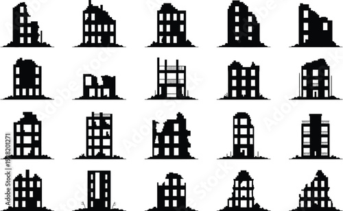 Collection of black silhouettes of damaged and destroyed buildings