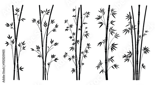 Five tall bamboo trees featuring lush dense leaves in dramatic black silhouette on white background, refined monochrome botanical scene, balanced vertical composition, modern minimal nature graphic