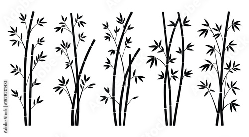 Five tall bamboo trees with dense foliage in a striking black silhouette against a white background, elegant minimalist nature composition, bold high contrast botanical illustration, clean isolated
